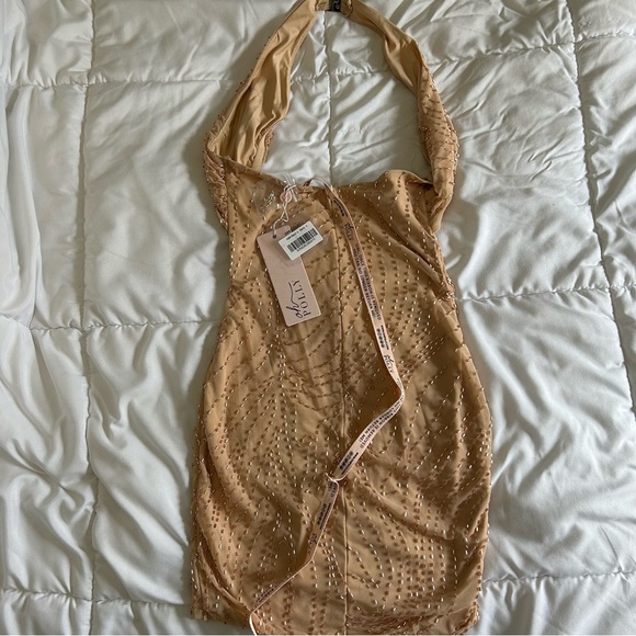 OhPolly Embellished Twist Neck Mini Dress in Sand - Picture 3 of 4